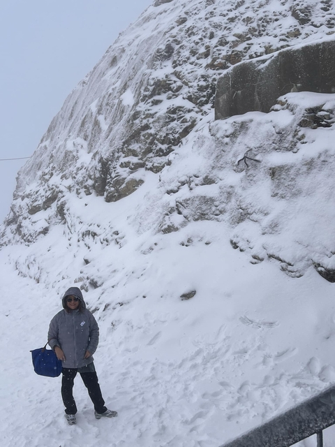       Person wearing a hood standing by a snowy cliff.
  