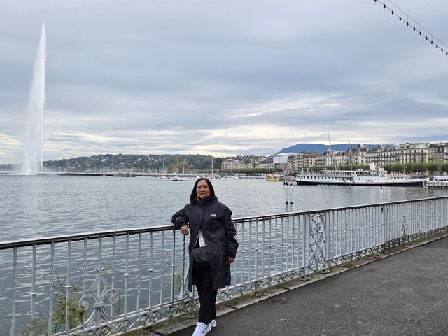       Person standing by a railing with a view of the lake and city.
  