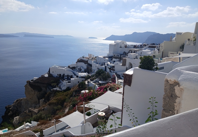 Scenic coastal view of white buildings by the sea