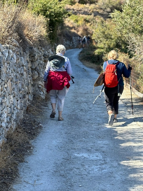 Hikers walking down a rocky path outdoors