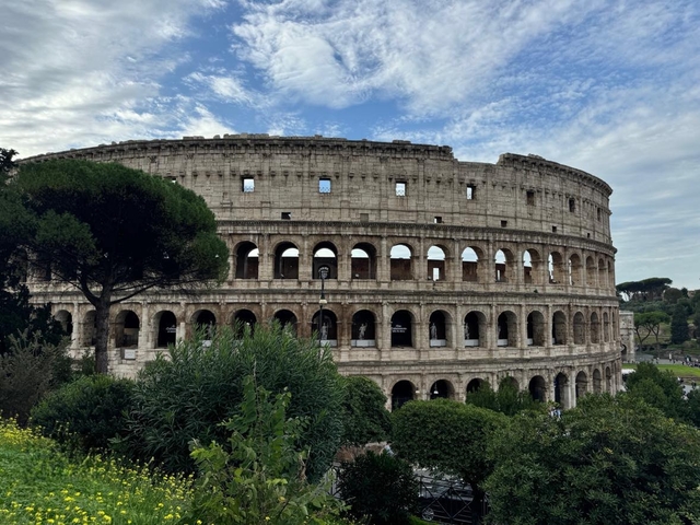       Colosseum in Rome with greenery in foreground.
  