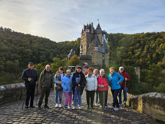 Group of tourists in front of a medieval castle surrounded by forest.