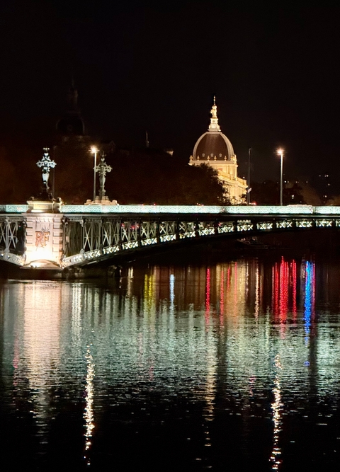       Illuminated bridge over a river at night.
  