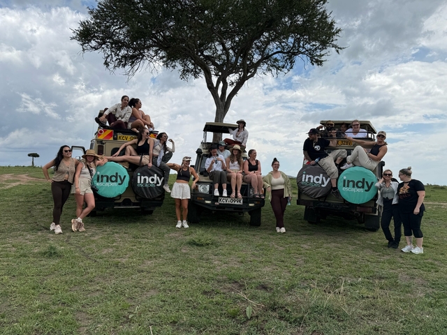       Group of people sitting on safari vehicles under a tree.
  