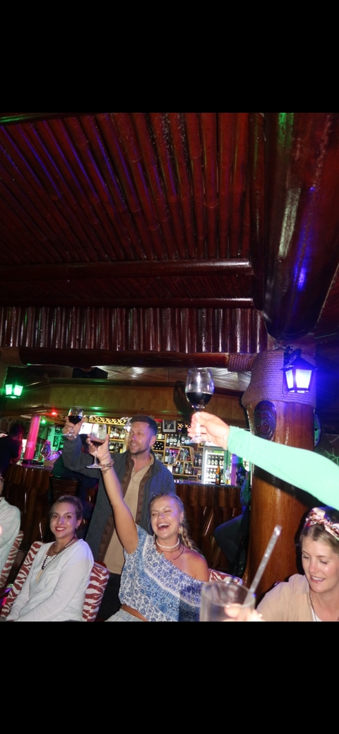       People raising glasses in a dimly lit bar.
  
