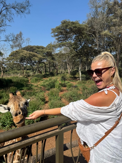       Person feeding a giraffe in a sunlit forested area.
  