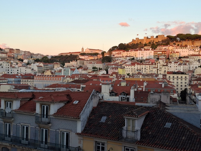 Cityscape view with historic buildings and a fort.
