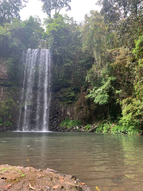 Majestic waterfall surrounded by lush greenery.