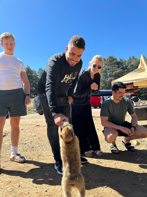People interacting with a small monkey outdoors.