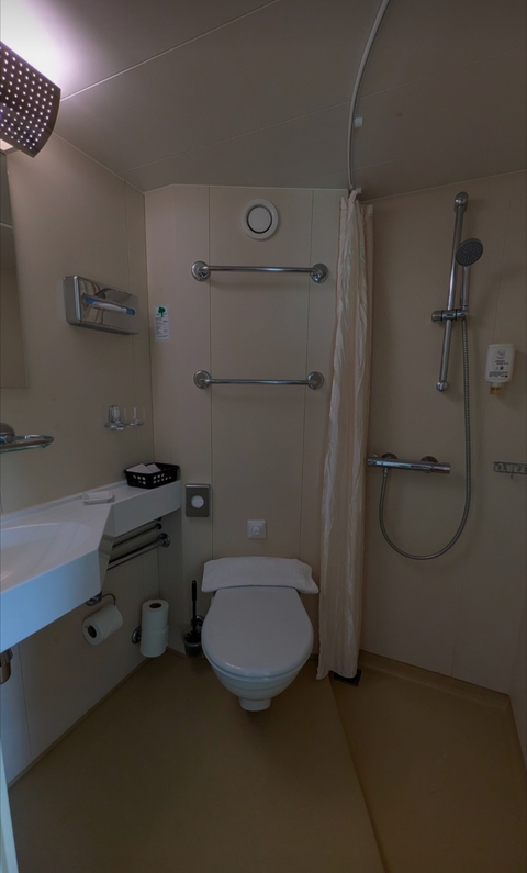       Shower room with toilet and sink.
  
