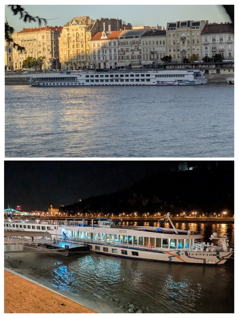       Collage of water view and skyline at night.
  