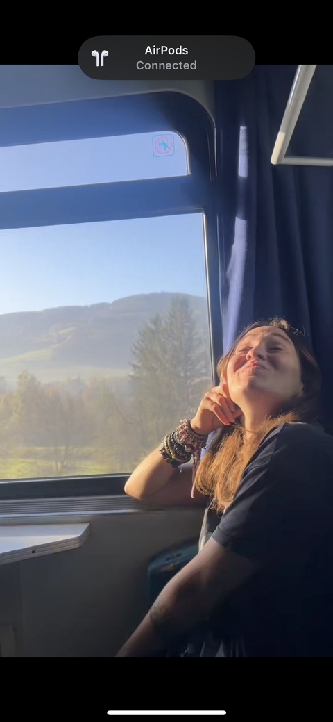 Person smiling by a train window with mountains and trees outside.