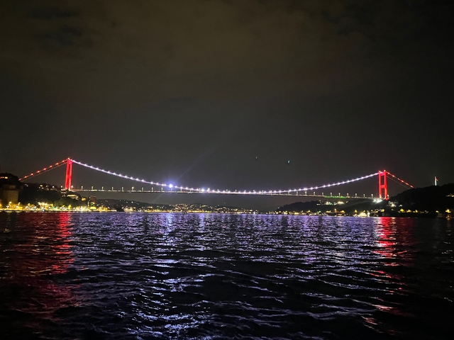       Illuminated bridge over water at night.
  