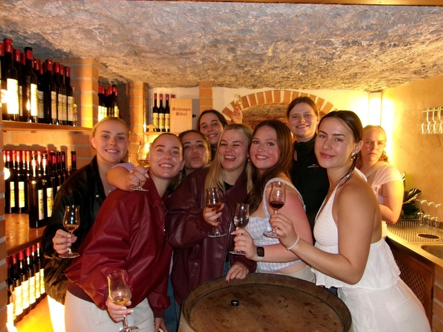 Group of people enjoying wine tasting inside a cellar.