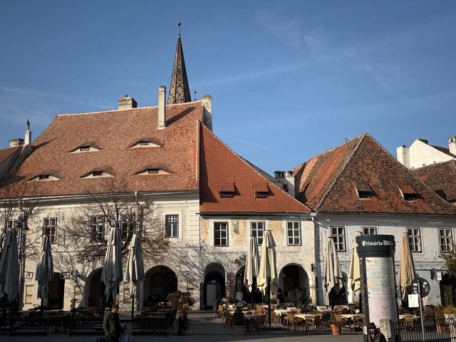 Historic buildings in a European style square.