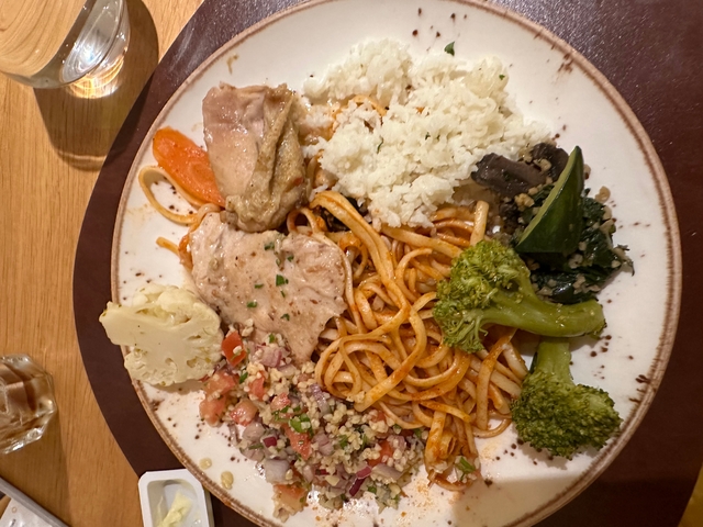 Plate of assorted food items.