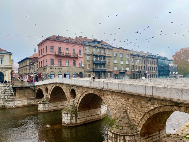Historic bridge and buildings with birds flying in Sarajevo.