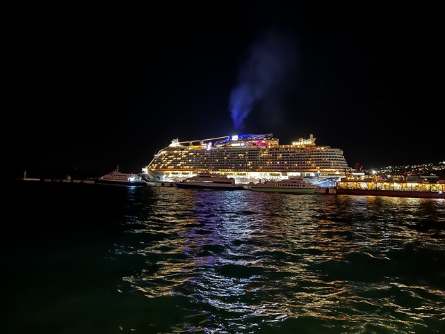       A large lit cruise ship docked at night, reflecting on the water.
  