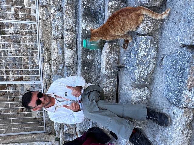 A man sitting on steps with a cat nearby.