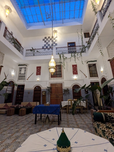 Interior of a traditional building with decorative elements.