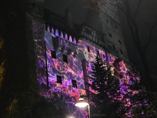       Castle facade illuminated with colorful lights at night.
  