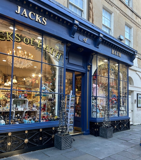       Storefront with a holiday theme in Bath.
  