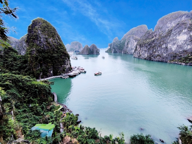 Dramatic view of Halong Bay with limestone formations.