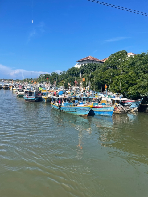 Colorful fishing boats docked at the harbor.