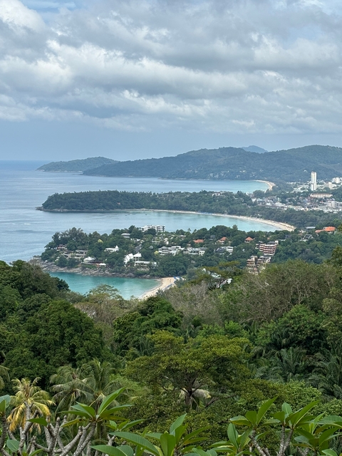      Panoramic view of a coastal landscape with a beach and vegetation.
  