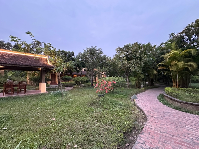 Garden with pathway and outdoor seating.
