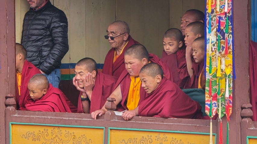 Group of monks in traditional robes sitting in a temple.