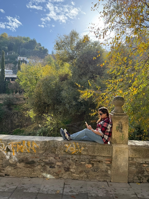       Person sitting at a stone ledge surrounded by lush trees under the sunlight.
  
