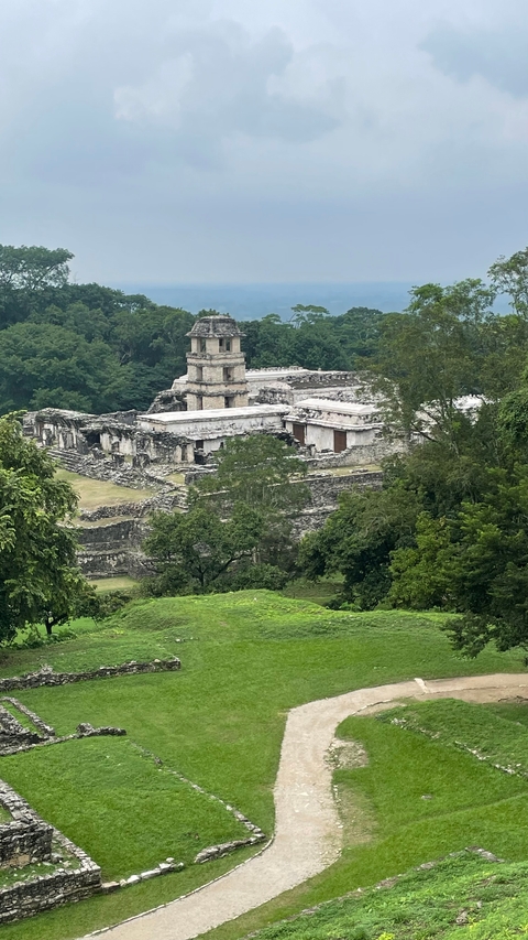       An expansive view of ancient temple ruins amidst jungle foliage.
  