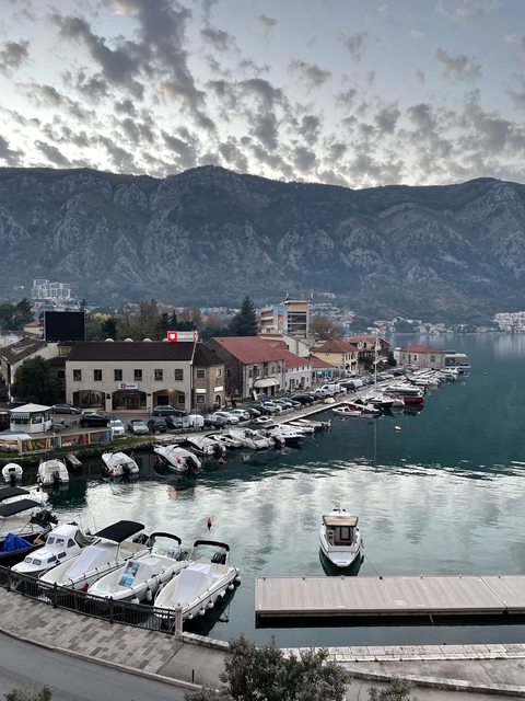 Dock with boats and buildings lining a coastal town.