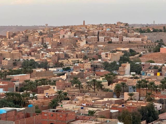       Panoramic view of a desert city with traditional buildings.
  
