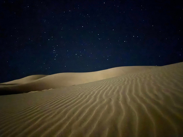       Starlit night sky over sand dunes in a desert.
  