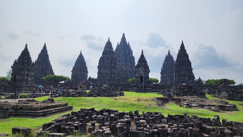 Prambanan temple complex with crowds.