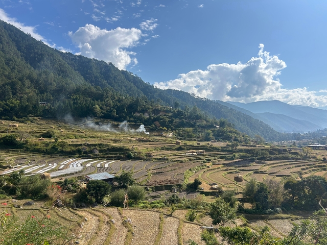 Terraced fields with smoke rising, set against a mountain backdrop.