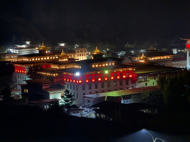       Traditional Bhutanese architecture illuminated at night.
  