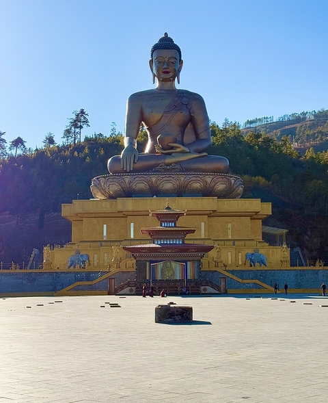       Large Buddha statue in a mountainous landscape.
  