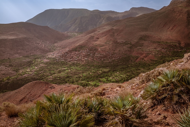 Terraced fields in a rocky valley.