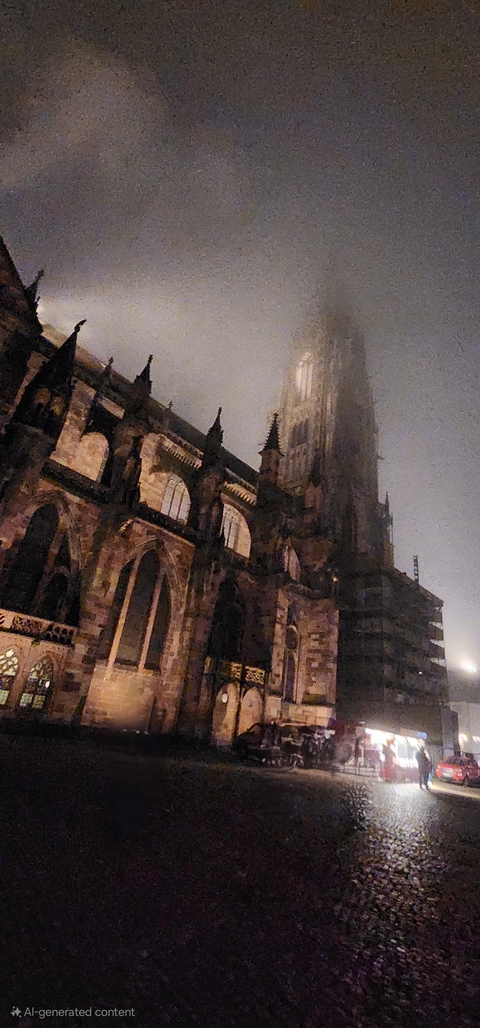       Gothic cathedral at night with mist.
  