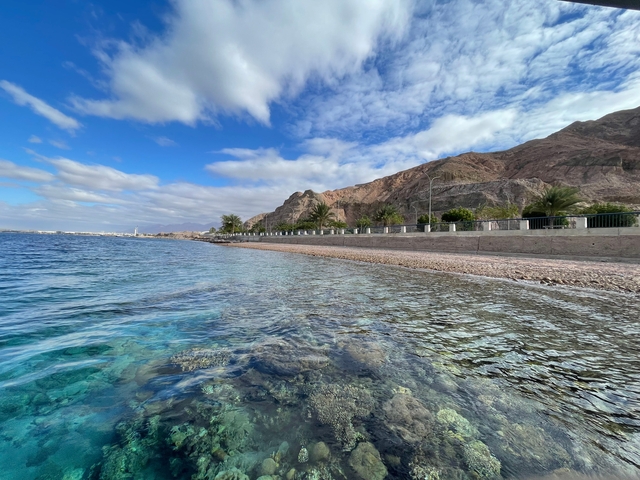       Clear waters and rocky coastline under blue sky.
  