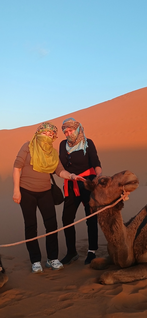 Women posing with a camel in the desert.
