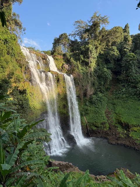       Tall waterfall in lush green surroundings.
  