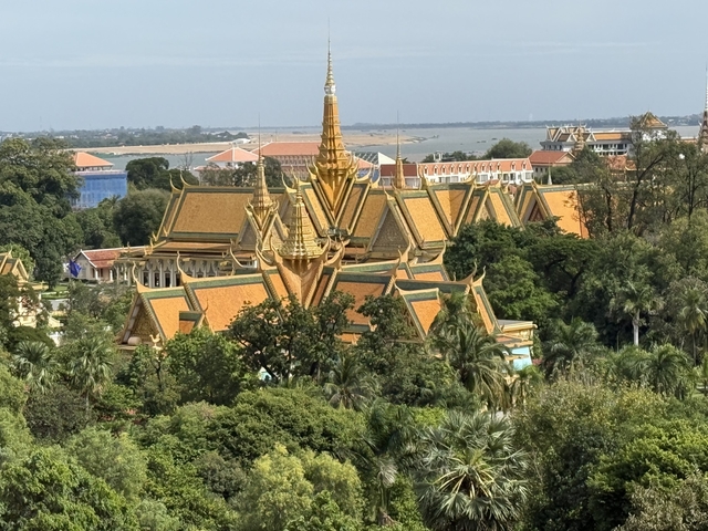 Panoramic view of a grand, golden-roofed temple complex surrounded by trees.