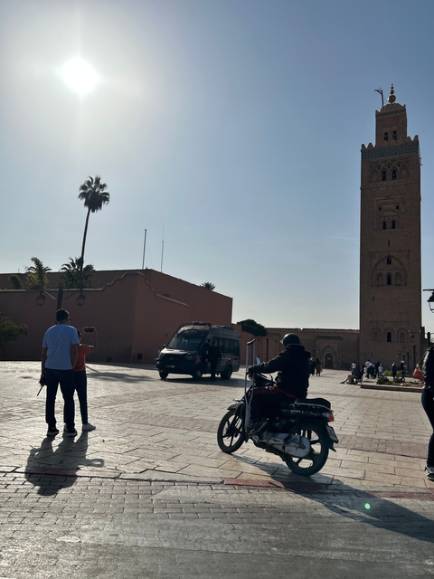 Street view with palm trees and a tower in the background.