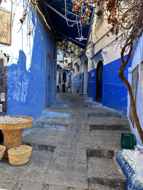       Narrow blue alleyway with steps.
  