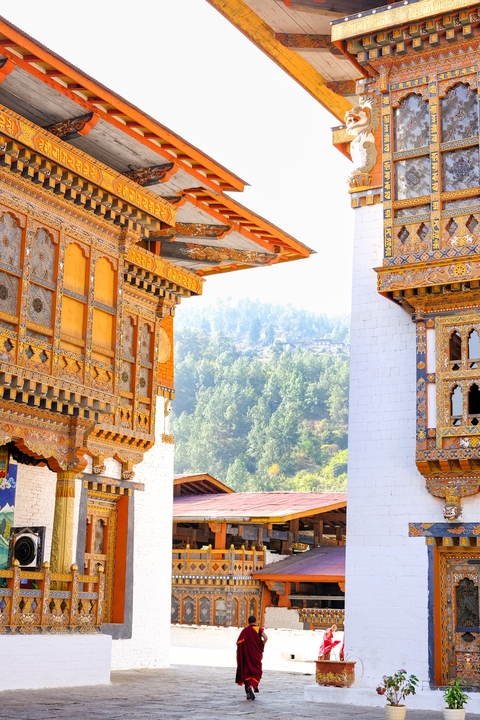 Ornate architecture of a Bhutanese building amidst nature.