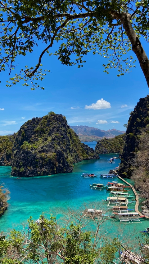      Dramatic view of limestone cliffs surrounding turquoise water with a clear blue sky.
  